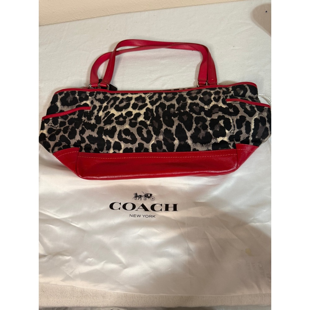 Coach Ocelot Leopard Print Canvas Red Leather Trim Tote Bag Handbag - Picture 2 of 5